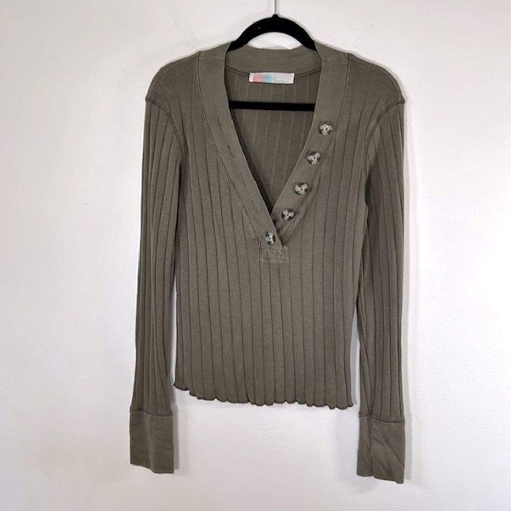 Free People Beach Henley Style Ribbed 100% Cotton Women’s Size L Army Green Top